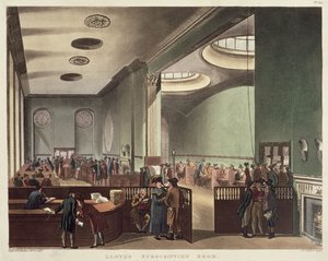 Royal Exchange, Lloyds Subscription Room, Ackermannin "Microcosm of London", 1809 (väriakvatinta)